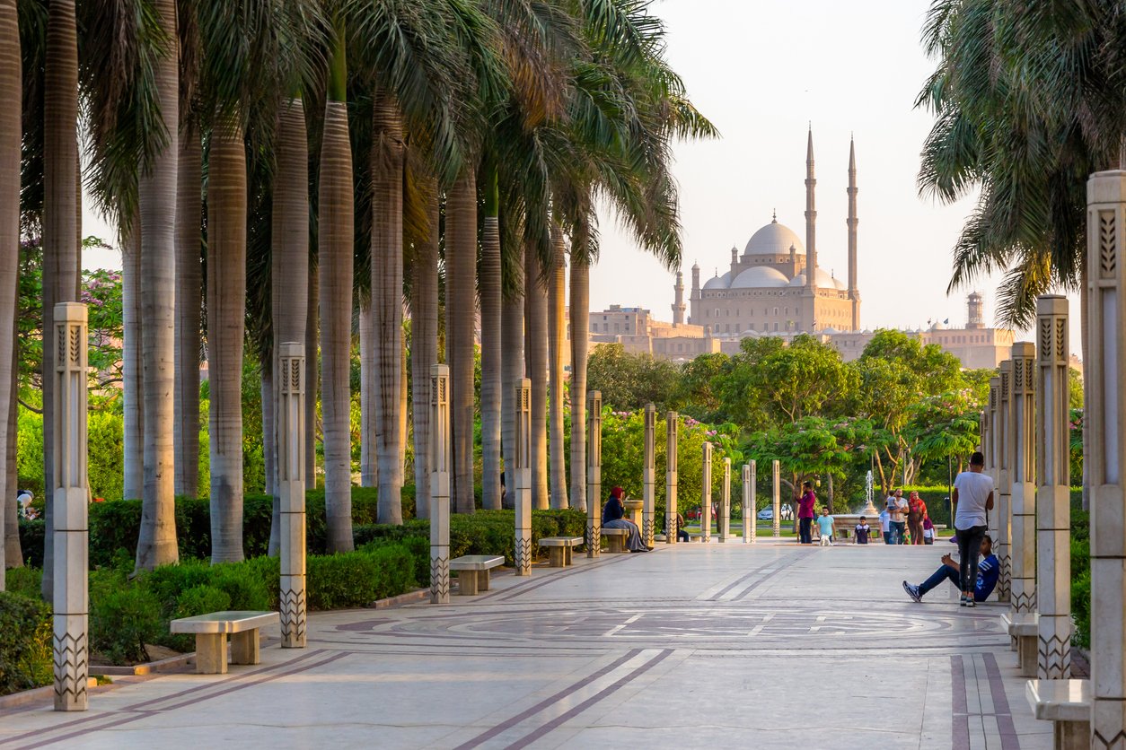 View of the Al Azhar Park gardens in Cairo, Egypt