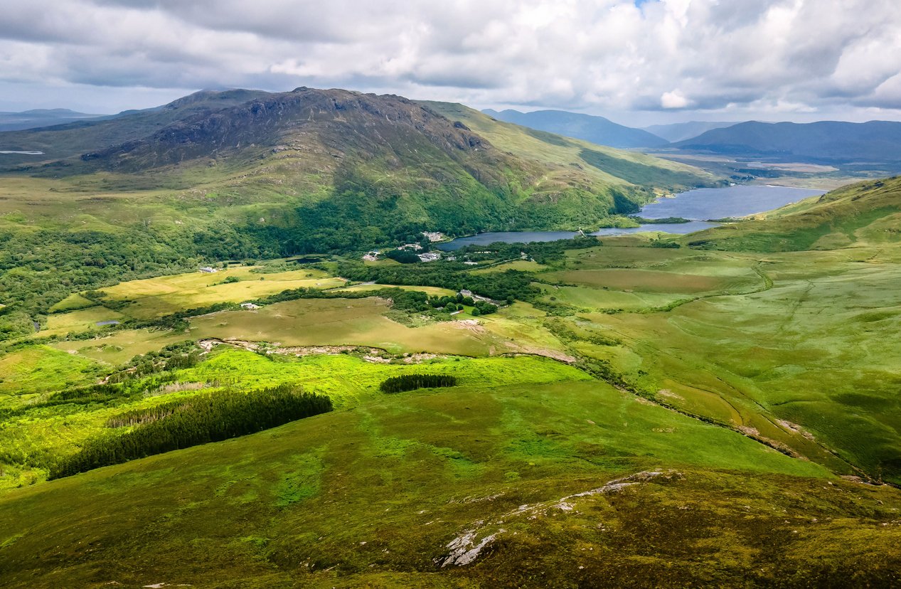 Panoramic view from Diamond mountain at Connemara National Park in Ireland