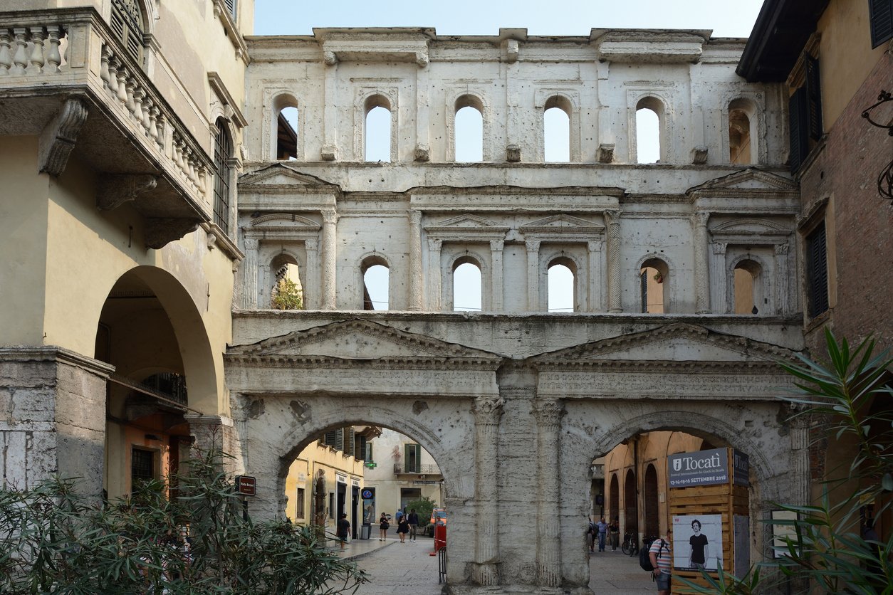 Ancient Roman gate Porta Borsari of Verona Italy.