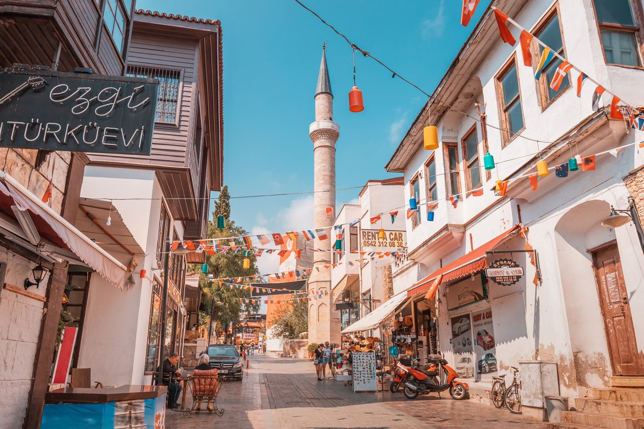 Narrow walking street in Antalya old town Kaleici. High season and holiday vacation