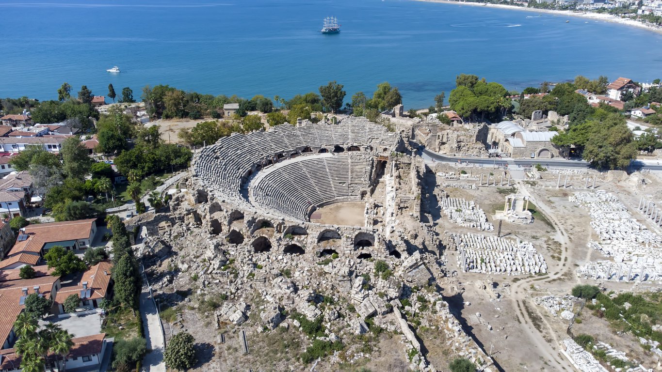 Aerial drone view of Aspendos Anthique Theater, best preserved antique theater in the world, Antalya Turkey