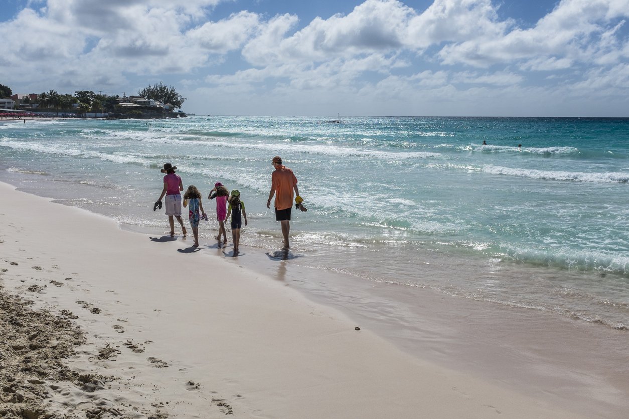 Family walking on a beach, Barbados