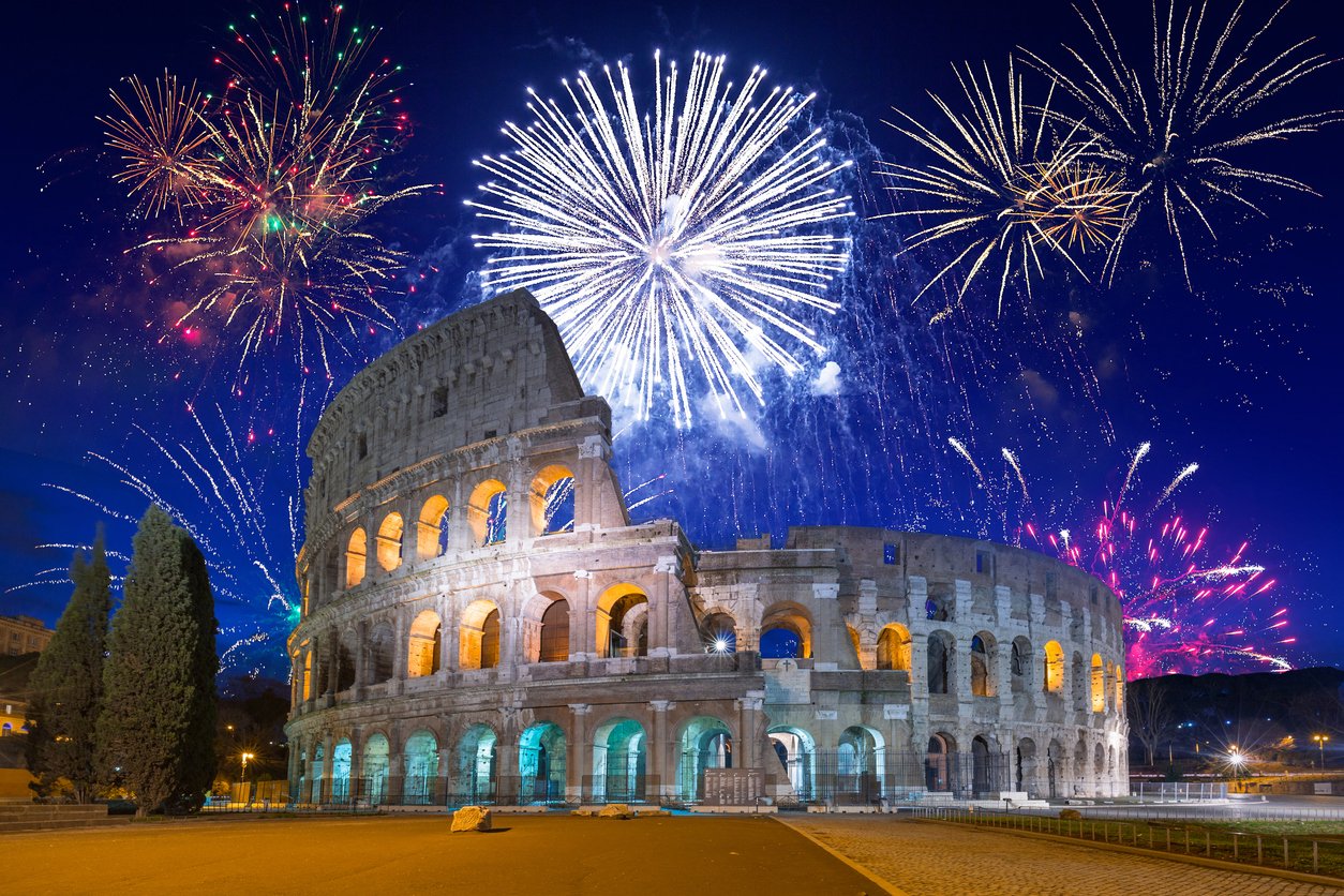 Fireworks display over the Colosseum in Rome